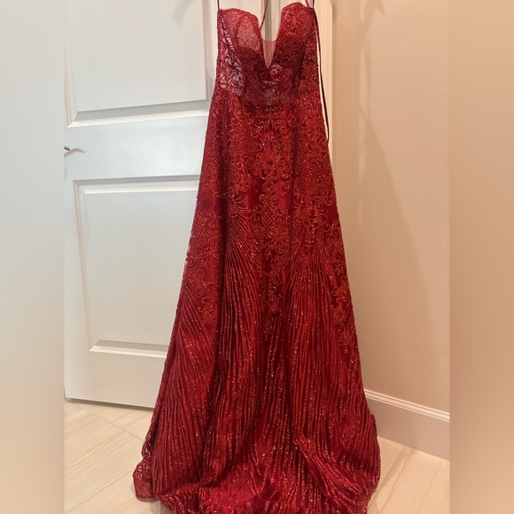 Coya Collection Embroidered Illusion Waist Sparkle A line Dress Burgundy Red - Picture 4 of 4